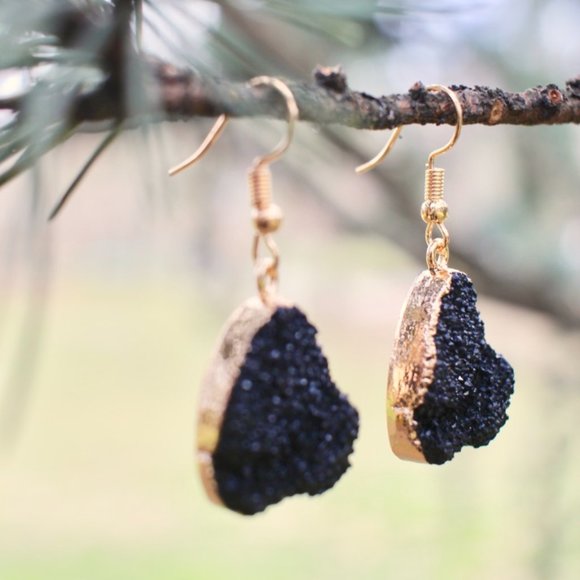 New 14K Gold Black Druzy Teardrop Dangle Earrings - Picture 4 of 13